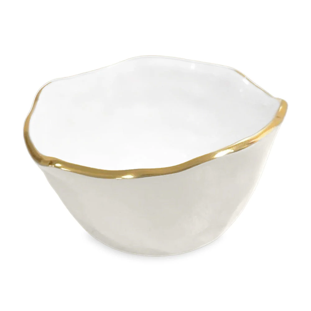 The Encanto Osaka Bowl Small by Beatriz Ball is a white bowl with an irregular wavy rim and shiny gold edge—ideal as a decorative snack bowl or eco-friendly table accent.