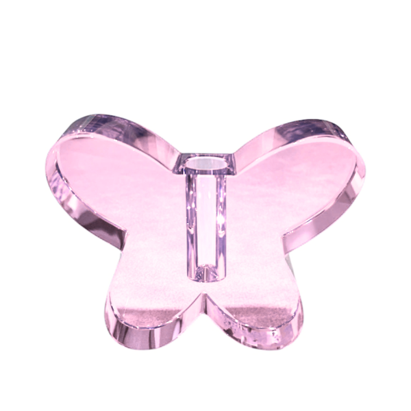 The Crystal Butterfly Bud Vase - Pink by Tizo stands upright on a white background, its transparent light pink acrylic form delicately shaped to evoke a fluttering butterfly.