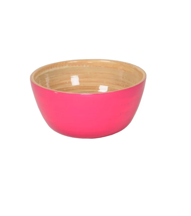 The Albert L Bamboo Classic - Mini Dip Bowl features a round, food-safe bamboo interior and a bright pink exterior, showcased against a plain white background.