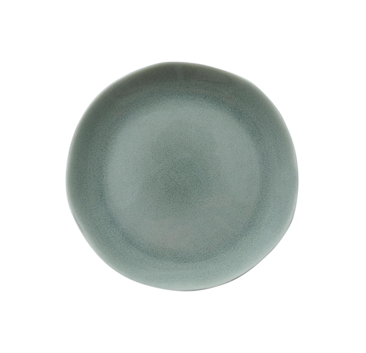 The Maguelone Cachemire Dinnerware plate by Jars - Rosenthal is a round, matte, light gray-green handmade piece with a slightly uneven, organic shape, shown from above on a white background.