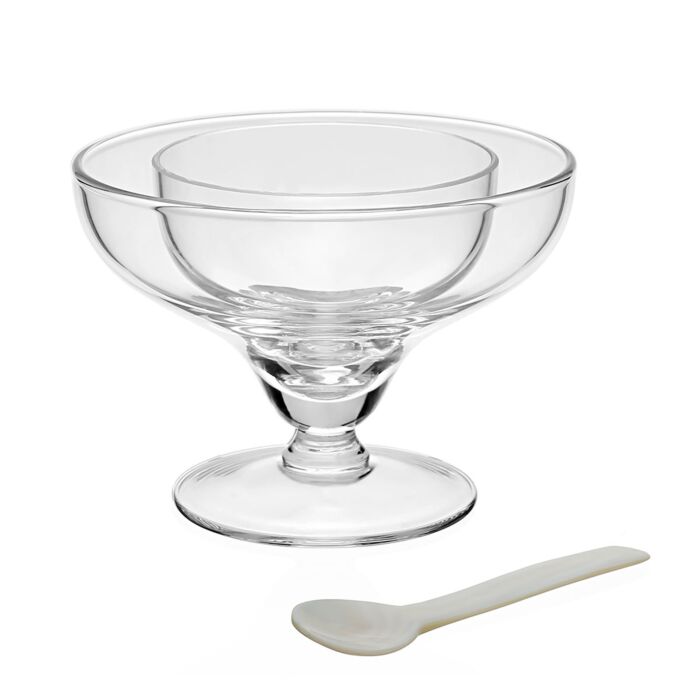 The William Yeoward Caspia Seafood/Caviar Server with Spoon features a clear glass bowl with a wide rim and short stem, ideal for serving shrimp cocktail or caviar, shown beside a small white spoon on a plain white background.