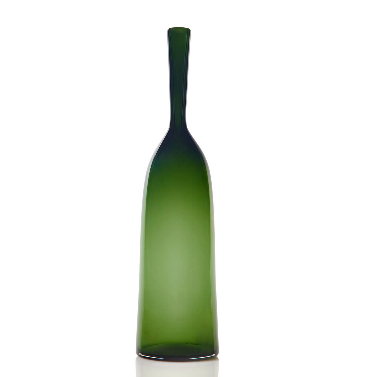 The Angelic Bottle - Small - by Cariati features a tall, slender design with translucent green glass, a long narrow neck, and a wide base, displayed against a white background.