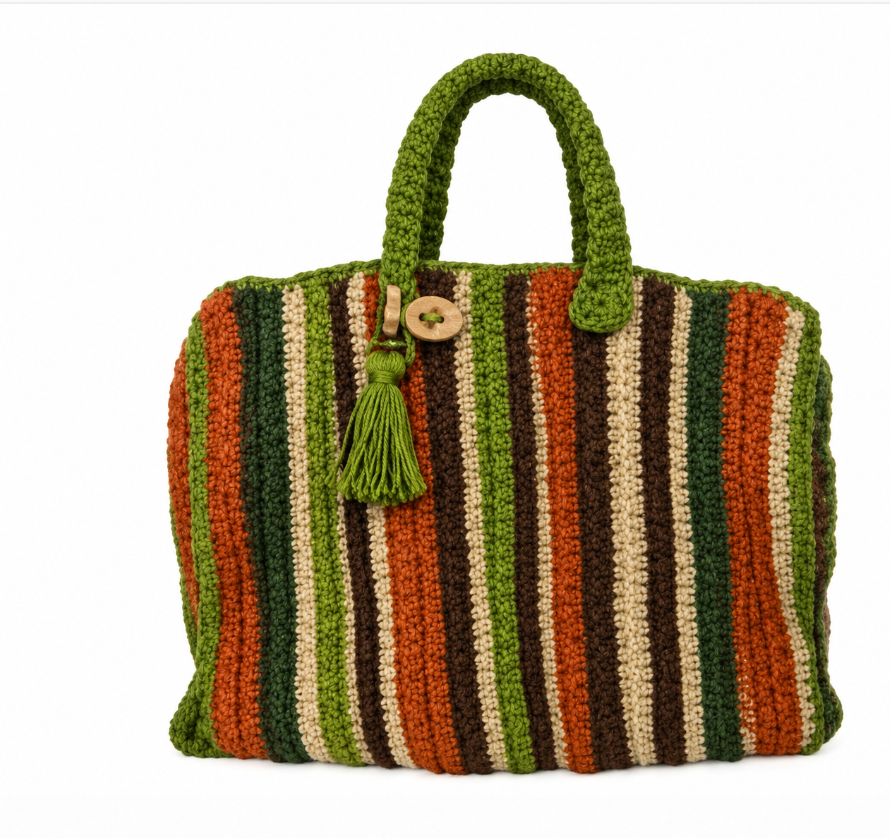 The Arte & Tejido Arte Striped Beach Tote - Green is a boho crochet bag with green, orange, brown, and cream stripes, two handles, a wooden button closure, and a green tassel near the top.