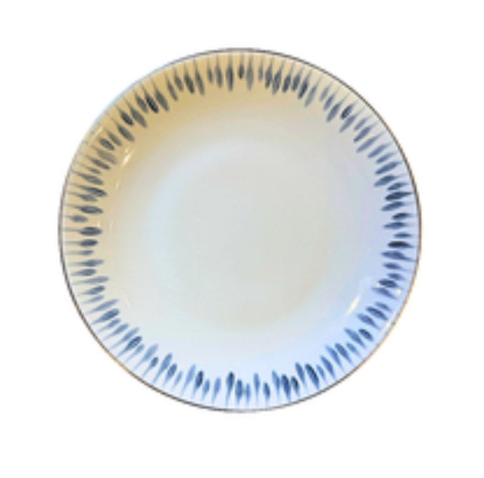 The Marie Daâge Allee de Cypres 3 Platinum Rim Dinnerware features a white ceramic plate with a simple design and platinum rim, offering an elegant example of hand-painted tableware.