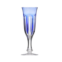 The Lady Hamilton Champagne Glass 140ml by Moser features a tall, elegant design with a blue-tinted upper section and a clear, faceted hand-cut crystal stem, shown isolated on a white background.