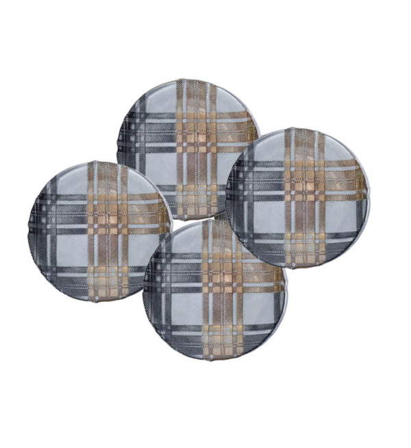 Four Zodax Tartan Dessert Plate Set 4 - Bronze dessert plates featuring a bronze, gray, and white tartan pattern.