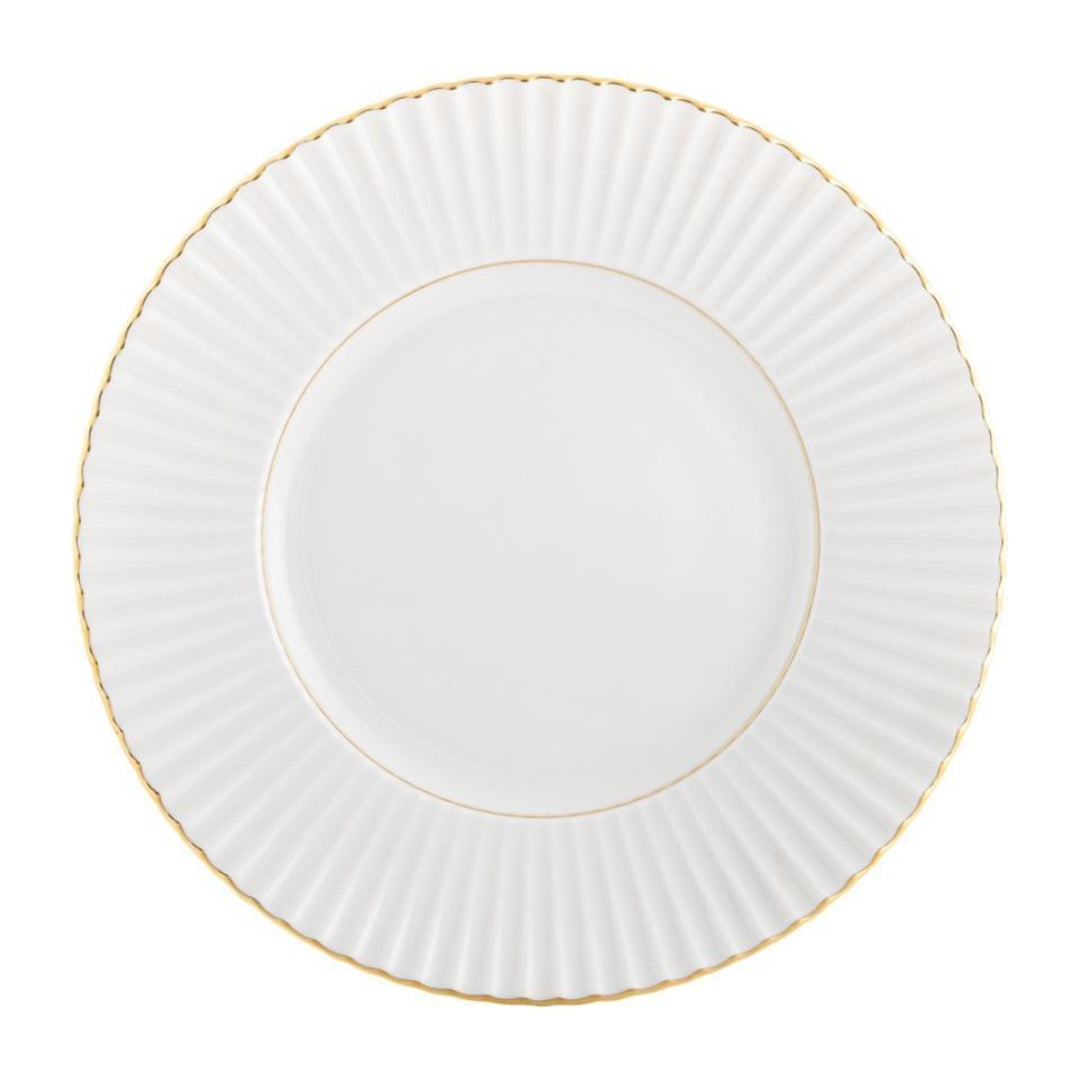The Vista Alegre 200 Anos Dinnerware showcases a white porcelain plate with a fluted rim and a delicate hand-painted gold border, viewed from above on a white background to highlight its modern elegance.