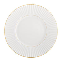 The Vista Alegre 200 Anos Dinnerware showcases a white porcelain plate with a fluted rim and a delicate hand-painted gold border, viewed from above on a white background to highlight its modern elegance.