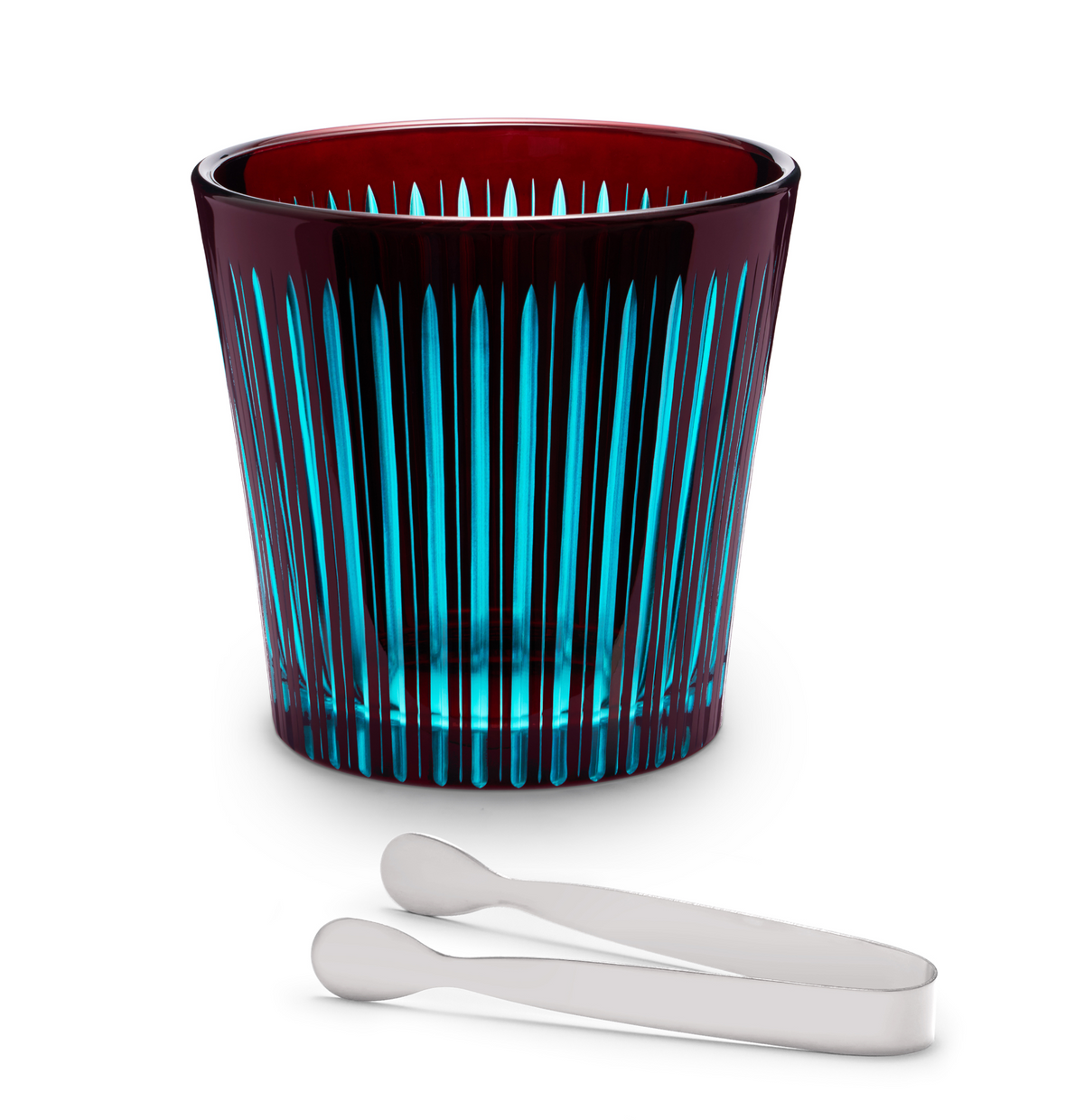 The Prism Ice Bucket w/ Tongs by L'Objet features blue and burgundy stripes in colored glassware with a rounded rim, paired with silver metal tongs, and is displayed on a white background.