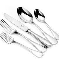 The Christofle Perles 5 Piece Setting - Stainless Steel, featuring two forks, a knife, a soup spoon, and a teaspoon, is arranged neatly on a white background.