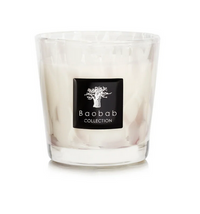 The Baobab Candle Pearls White is a white scented candle in a clear marbled glass with a black Baobab label and tree illustration, perfect for bringing elegant white pearls style to your space.