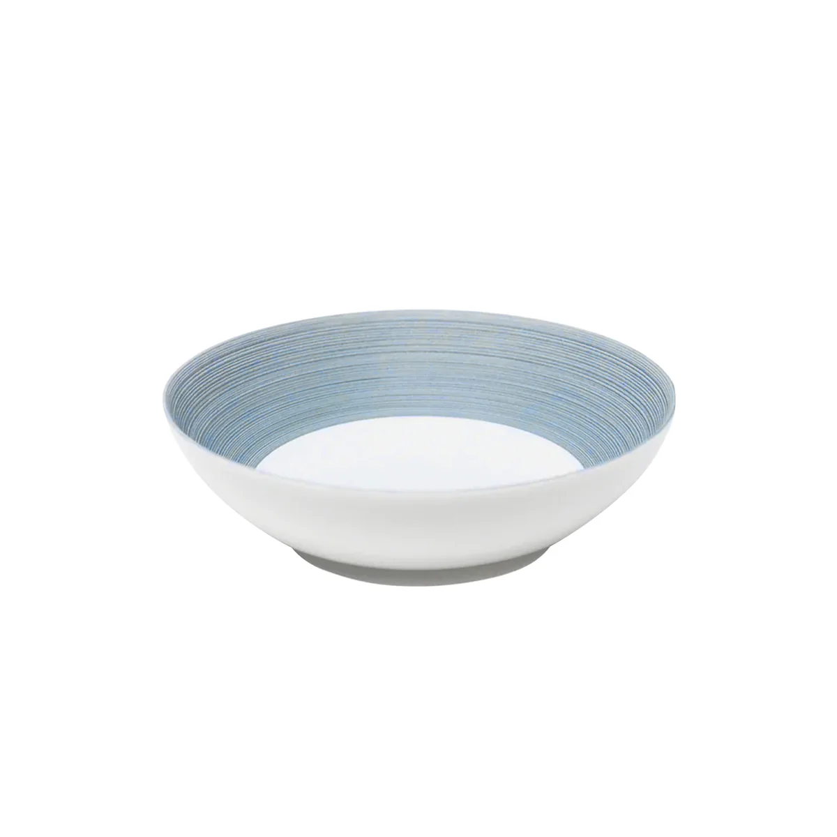 A shallow, round ceramic bowl from the JL Coquet Hemisphere Dinnerware Storm Blue collection, featuring a white exterior and interior with light blue concentric lines near the rim, set against a plain white background.