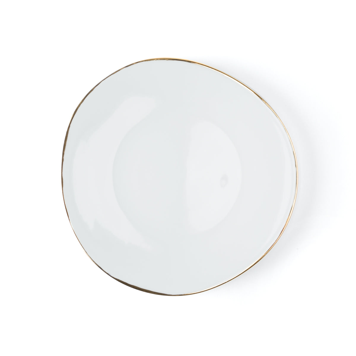 The Simply Gold Dinnerware plate by Molecot is a white, oval Limoges porcelain piece featuring a thin gold rim, displayed on a white background.