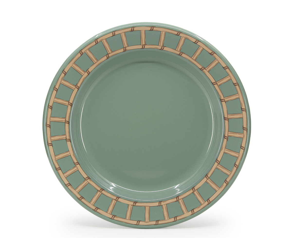 The Domino Wicker Dinnerware Set of 4 by Crow Canyon Home features round, sea blue plates with a brown basket-style rim pattern, displayed against a plain white background.