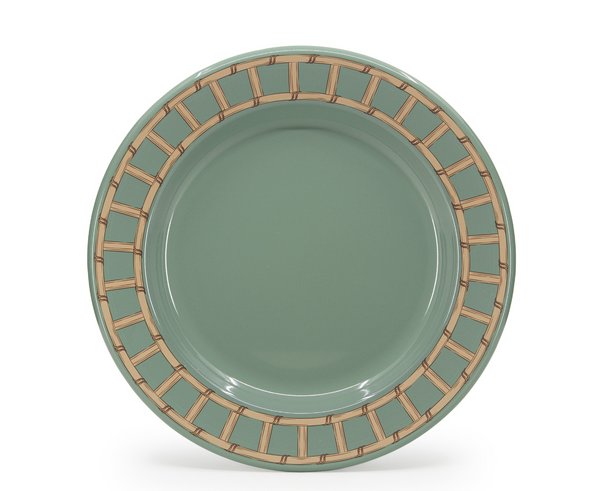 The Domino Wicker Dinnerware Set of 4 by Crow Canyon Home features round, sea blue plates with a brown basket-style rim pattern, displayed against a plain white background.