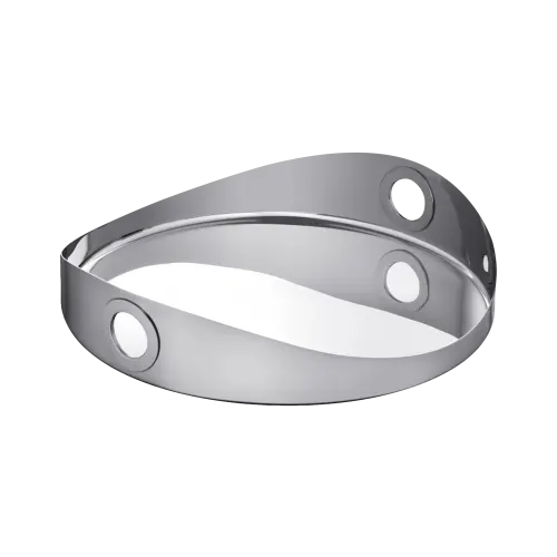 The Christofle Oh De Stainless Steel Round Tray features a shiny finish, raised edges, and large round cut-out handles—ideal for outdoor entertaining—shown here on a light gray background.