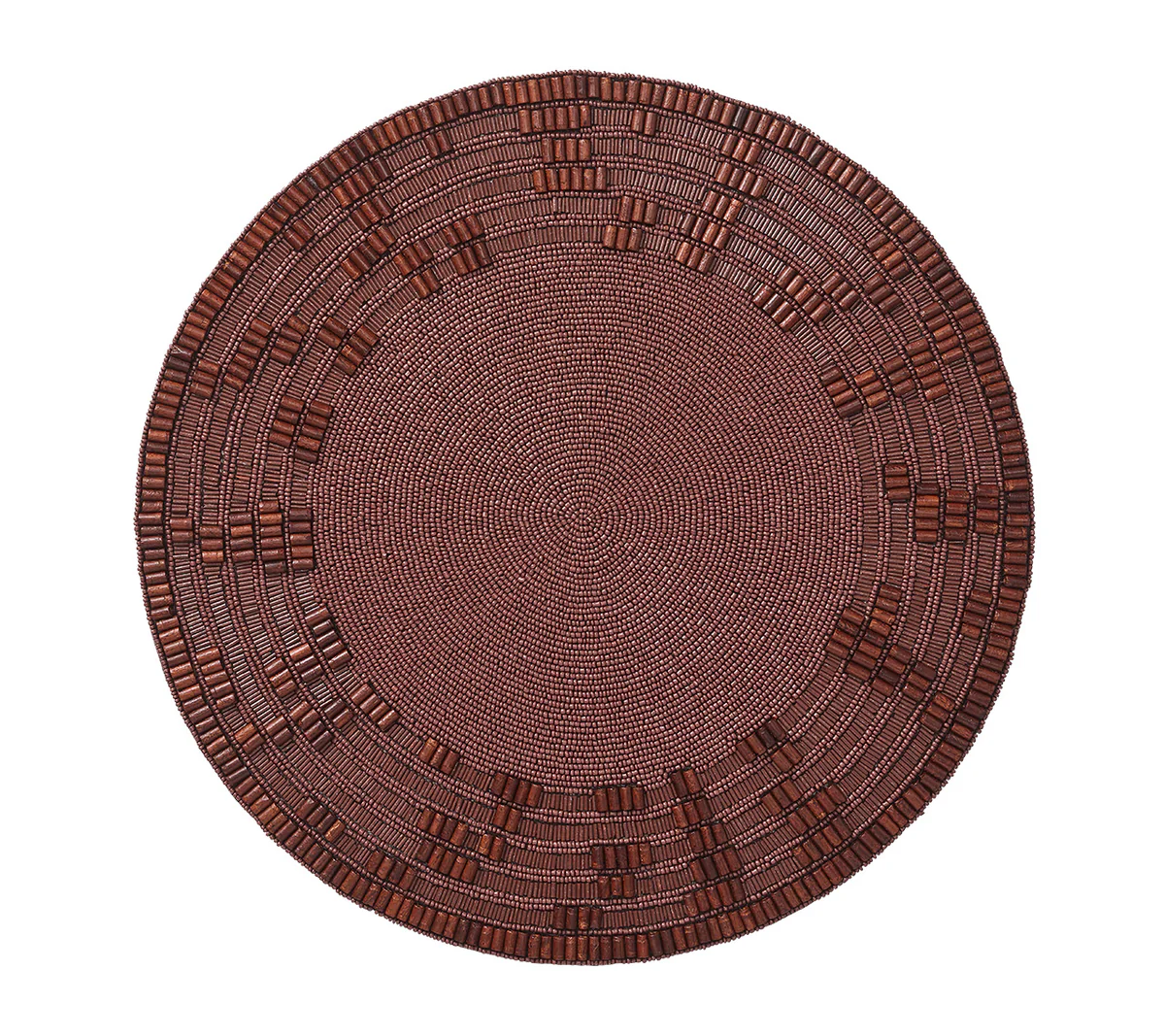 The Kim Seybert Wood Matrix Placemat Brown Set of 4 features round, brown handcrafted placemats with detailed concentric patterns and rectangular bead accents creating a subtle geometric edge, shown on a white background.