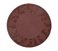 The Kim Seybert Wood Matrix Placemat Brown Set of 4 features round, brown handcrafted placemats with detailed concentric patterns and rectangular bead accents creating a subtle geometric edge, shown on a white background.