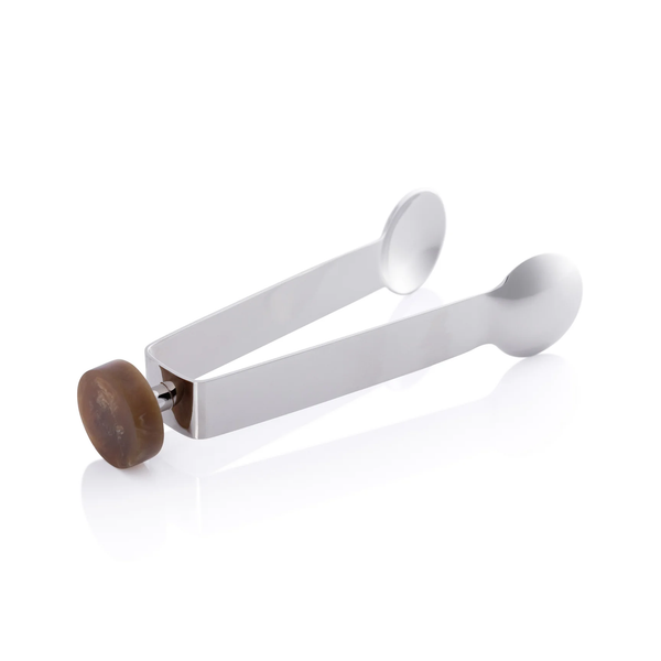 The Zodax Spector Ice Tongs in nickel feature two wide, flat handles with amber marbled accents—a unique bar accessory designed for stylishly serving ice cubes.