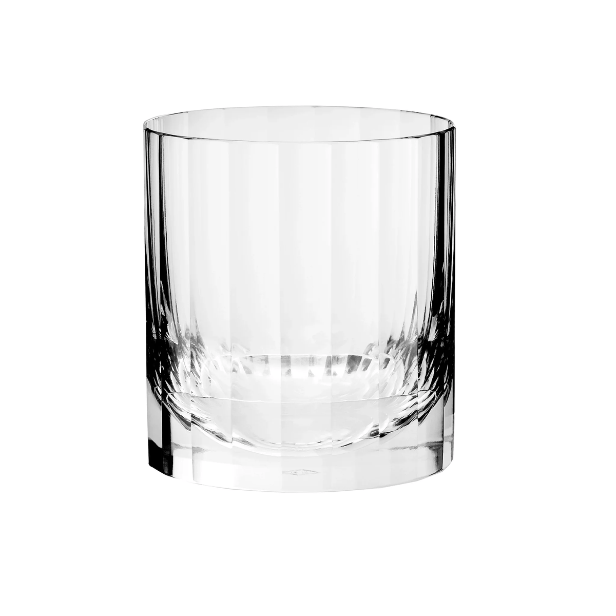 The Richard Brendon Fluted Single Old Fashion glass features straight sides and a sturdy base, capturing classic Art Deco elegance against a white backdrop.