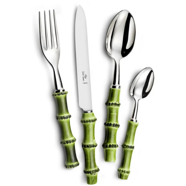 The Alain Saint-Joanis Bamboo Flatware 5 Piece Setting features stainless steel tops and green, bamboo-style handles, including a fork, knife, large spoon, small spoon, and dessert fork.