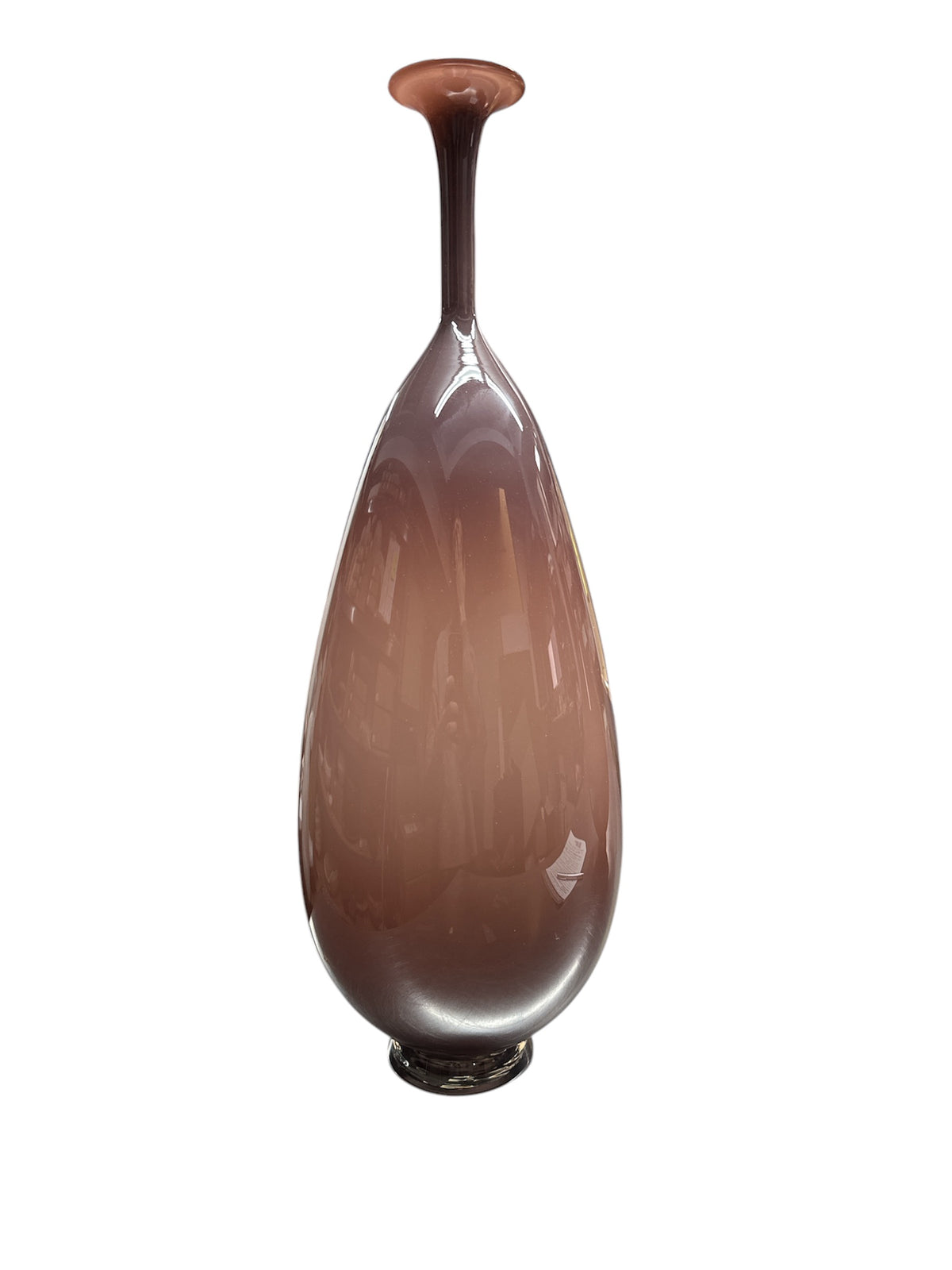 The Trumpet Vase Aubergine by Tyler Barry Design is a tall, elegant hand-blown vase with a teardrop silhouette, glossy finish, and gradient from deep to light brown, featuring a narrow neck and flared rim—perfect for stylish home decor.