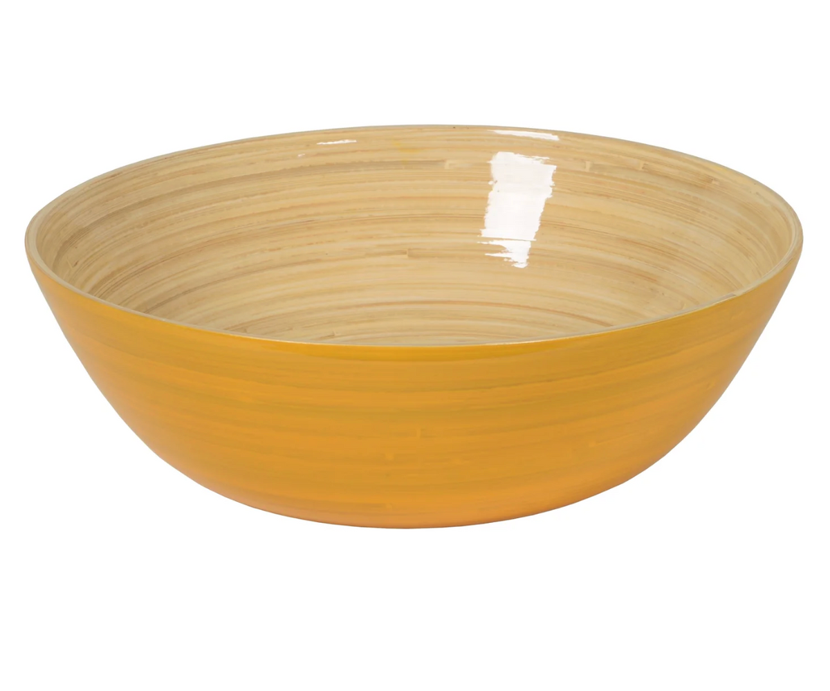 The Albert L Bamboo Classic Serving Bowl 11.7" features a round, shallow design with a smooth, glossy finish—natural light wood inside and warm yellow-orange outside—for a stylish, food-safe serving solution.