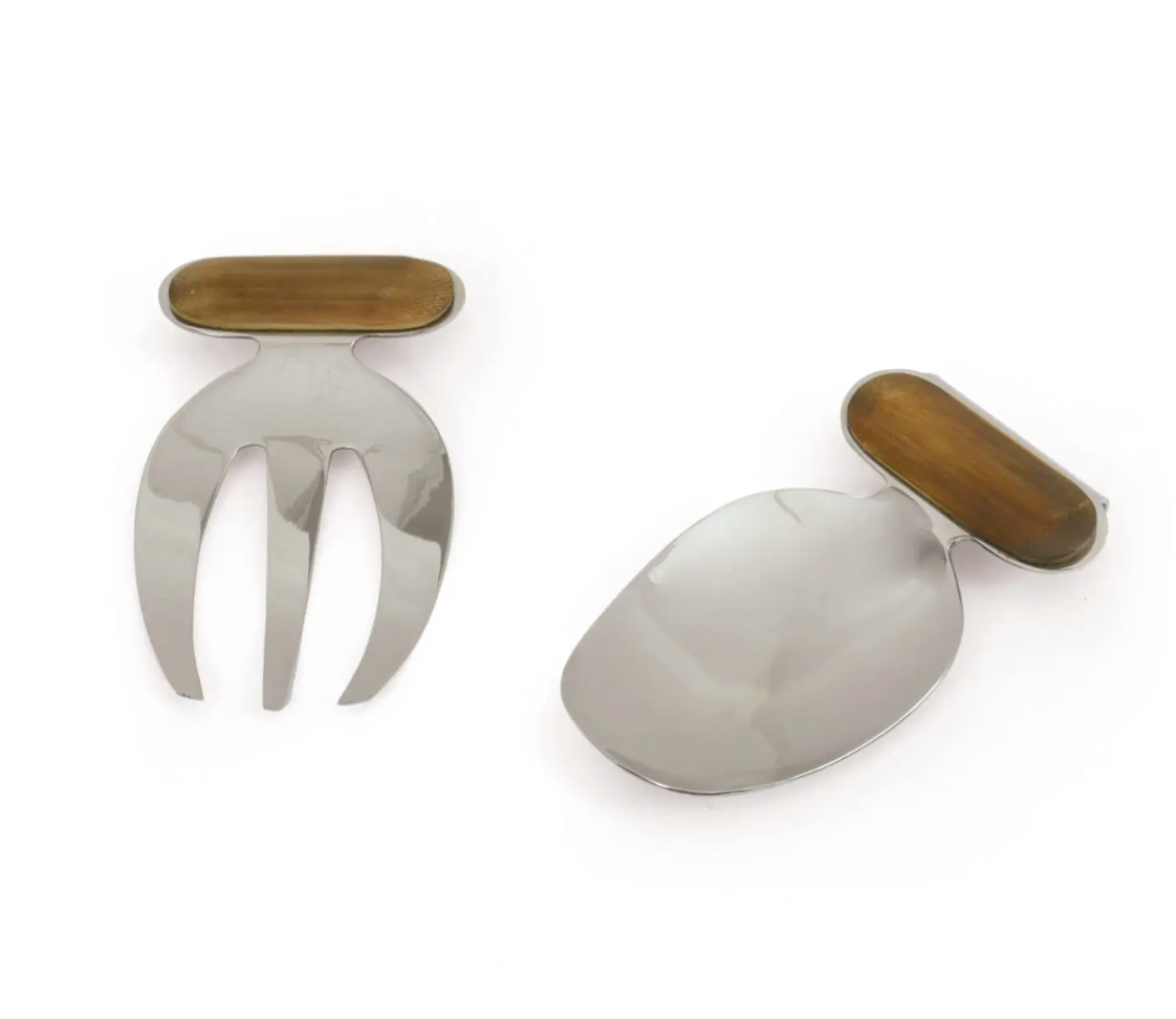 The Go Home Fremont Salad Tossers feature brown oval wood handles and nickel construction, including a two-pronged fork and wide flat spoon—perfect for any modern kitchen accessory collection.