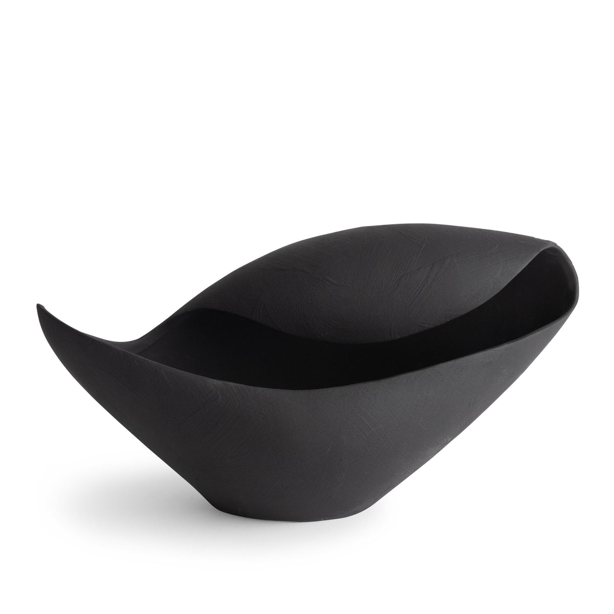 The Bernard Bowl - Black by FlowDecor Inc. is a modern decorative bowl with a matte finish and an asymmetrical, pod-like shape, shown against a white background.