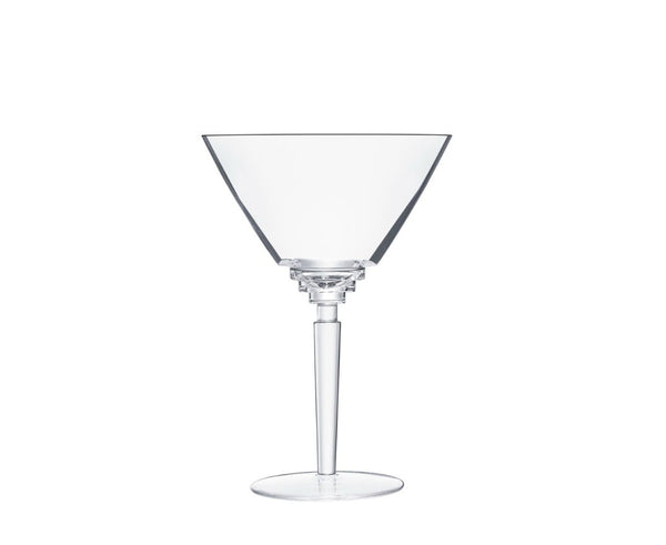The Oxymore Drinkware by Saint-Louis features a clear martini glass with a geometric, angular bowl and a short, round base, shown empty against a plain white background.