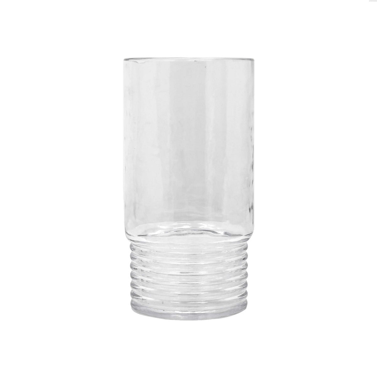 The Santorini Acrylic Drinkware by Le Cadeaux is a clear, BPA-free glass with a cylindrical shape and ridged base, set against a white background—ideal for safe, everyday use.