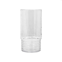 The Santorini Acrylic Drinkware by Le Cadeaux is a clear, BPA-free glass with a cylindrical shape and ridged base, set against a white background—ideal for safe, everyday use.