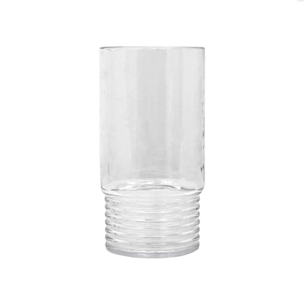 The Santorini Acrylic Drinkware by Le Cadeaux is a clear, BPA-free glass with a cylindrical shape and ridged base, set against a white background—ideal for safe, everyday use.