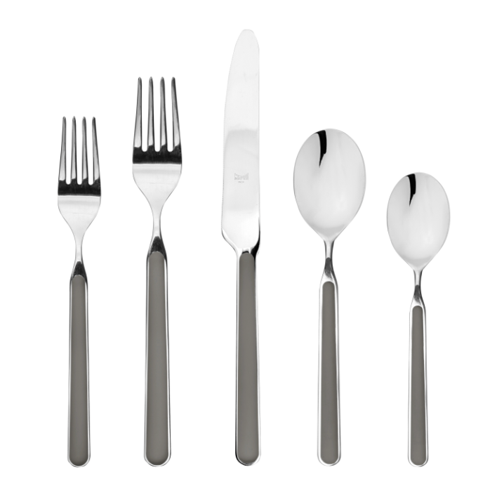 The Mepra Fantasia Flatware 5 Piece Set, available in 16 colors, features two forks, a knife, a tablespoon, and a teaspoon displayed in a row on a white background.