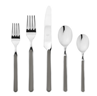 The Mepra Fantasia Flatware 5 Piece Set, available in 16 colors, features two forks, a knife, a tablespoon, and a teaspoon displayed in a row on a white background.