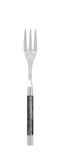 The Capdeco Conty Serving Fork Grey features three wide stainless steel tines and a glossy grey acrylic handle. Shown against a white background, this stylish fork is dishwasher safe for easy cleaning.