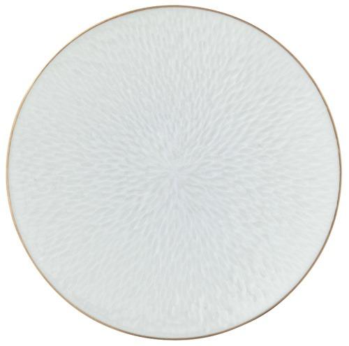 A round white Raynaud Mineral Irise Gold Filet plate featuring a subtle textured pattern radiating from the center and a thin gold rim, this contemporary piece adds refined elegance to any table setting.