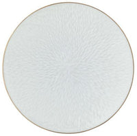 A round white Raynaud Mineral Irise Gold Filet plate featuring a subtle textured pattern radiating from the center and a thin gold rim, this contemporary piece adds refined elegance to any table setting.