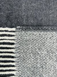 A close-up of the Double Faced Solid Mini Chevron Throw by A Soft Idea, showing gray and white textures with horizontal stripes, a chevron pattern, and bordered by a solid gray section.