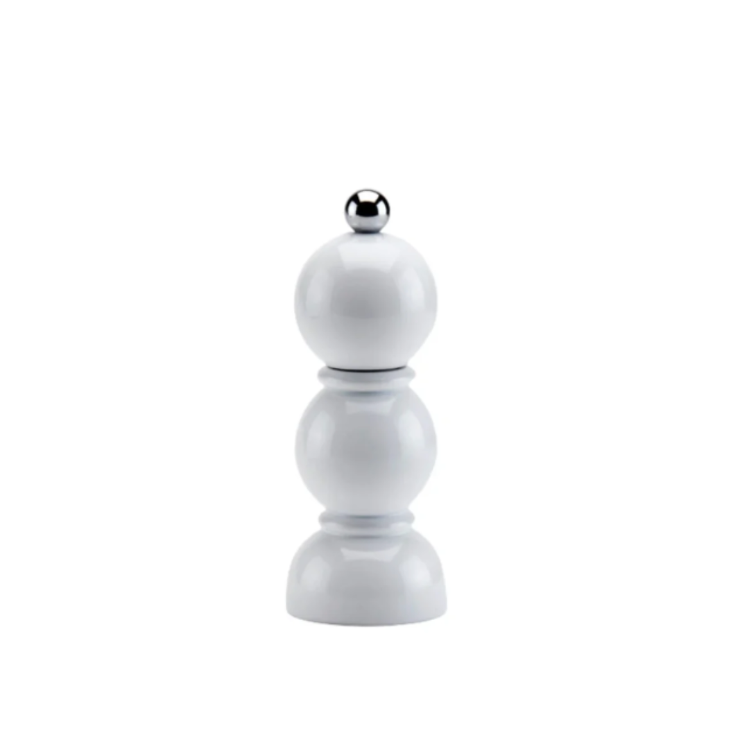 The Addison Ross Mini Bobbin Salt & Pepper Shaker features a modern, glossy white stacked design with a metallic knob and ceramic grinder mill, finished in high-gloss lacquer against a plain white background.