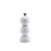 The Addison Ross Mini Bobbin Salt & Pepper Shaker features a modern, glossy white stacked design with a metallic knob and ceramic grinder mill, finished in high-gloss lacquer against a plain white background.