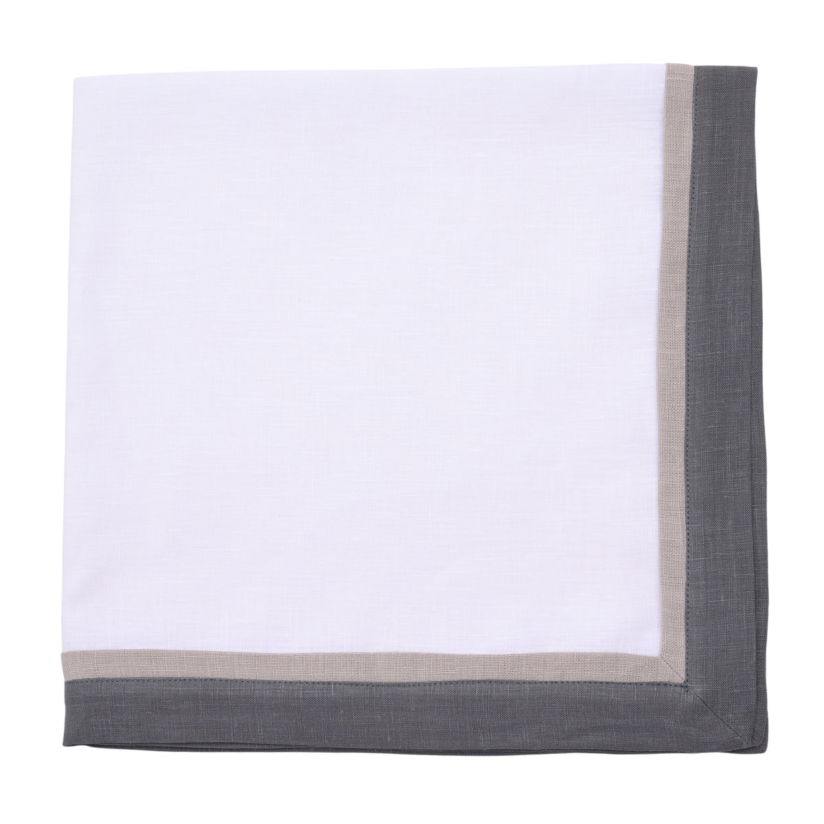 The Deborah Rhodes Tailored Border Napkin s/4 in White/Silver/Charcoal features a light silver inner border and wider charcoal edge, shown neatly folded on white—ideal for a modern table setting.