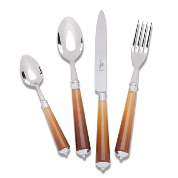 The Alain Saint-Joanis Julia Flatware Dark Horn 5-Piece Setting features shining silverplate heads and brown gradient handles, displayed in a row on a white background.