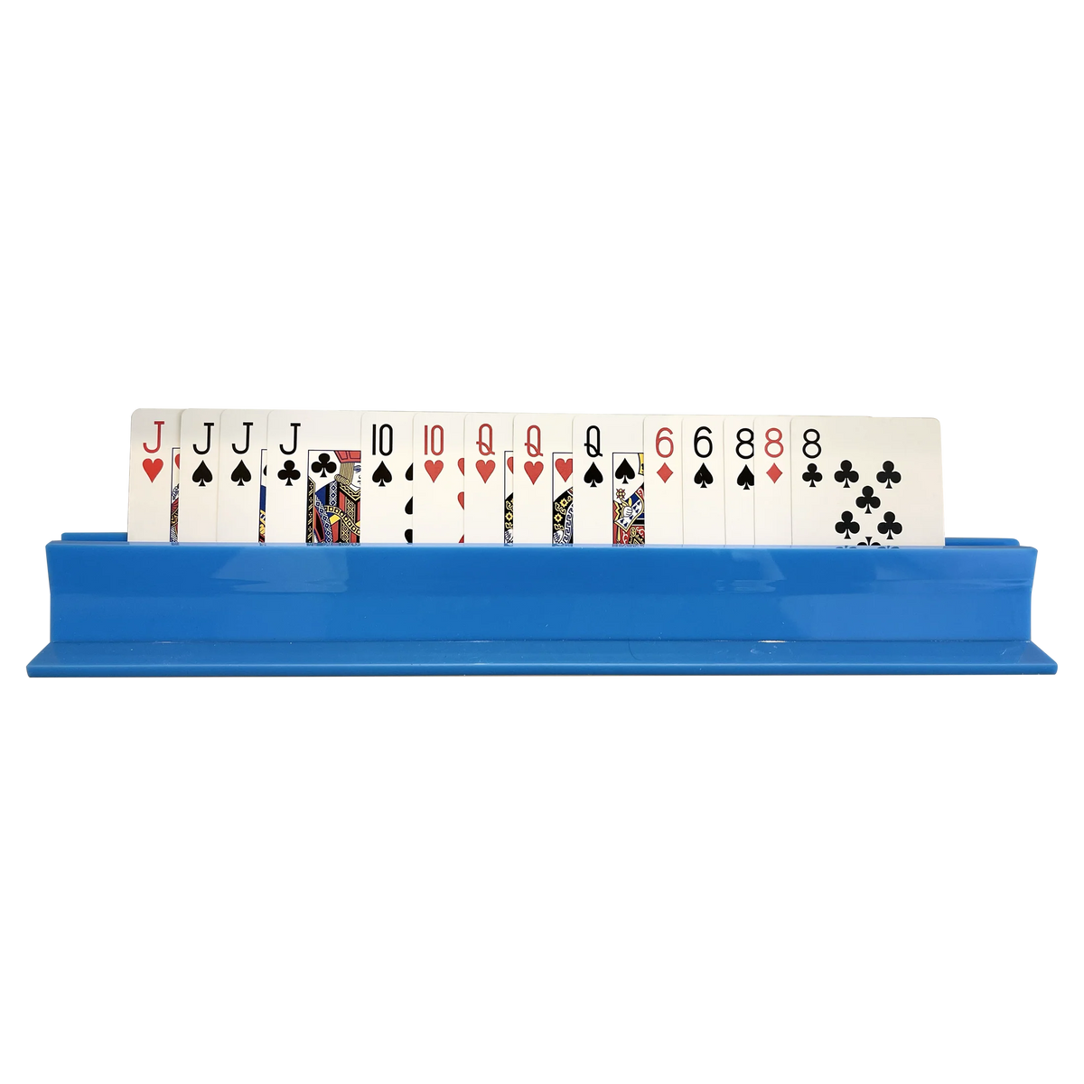 The Canasta Sets Canasta Rack is a blue card rack displaying playing cards in a row—jacks, tens, queens, eights, and nines—making it an ideal addition to your canasta accessories or Canasta Sets collection.