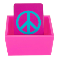 The Canasta Sets Canasta 2 Deck Holder features a magenta card with a bold blue peace symbol, standing upright in a matching box—an eye-catching holder, perfect for Canasta sets or your favorite card games, set against a crisp white background.