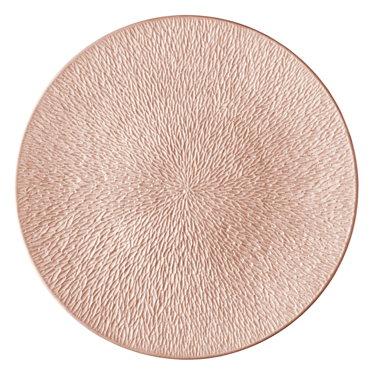 The Raynaud Mineral Irise Dinnerware- Copper plate features a round, textured design with raised radiating ridges and an iridescent glaze, adding elegance to your table setting.