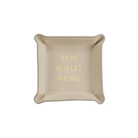 The Leather Valet Tray - Keys Wallet Phone by Graphic Image is a light beige leather catchall with KEYS, WALLET, and PHONE embossed in gold, providing a stylish way to organize your essentials.