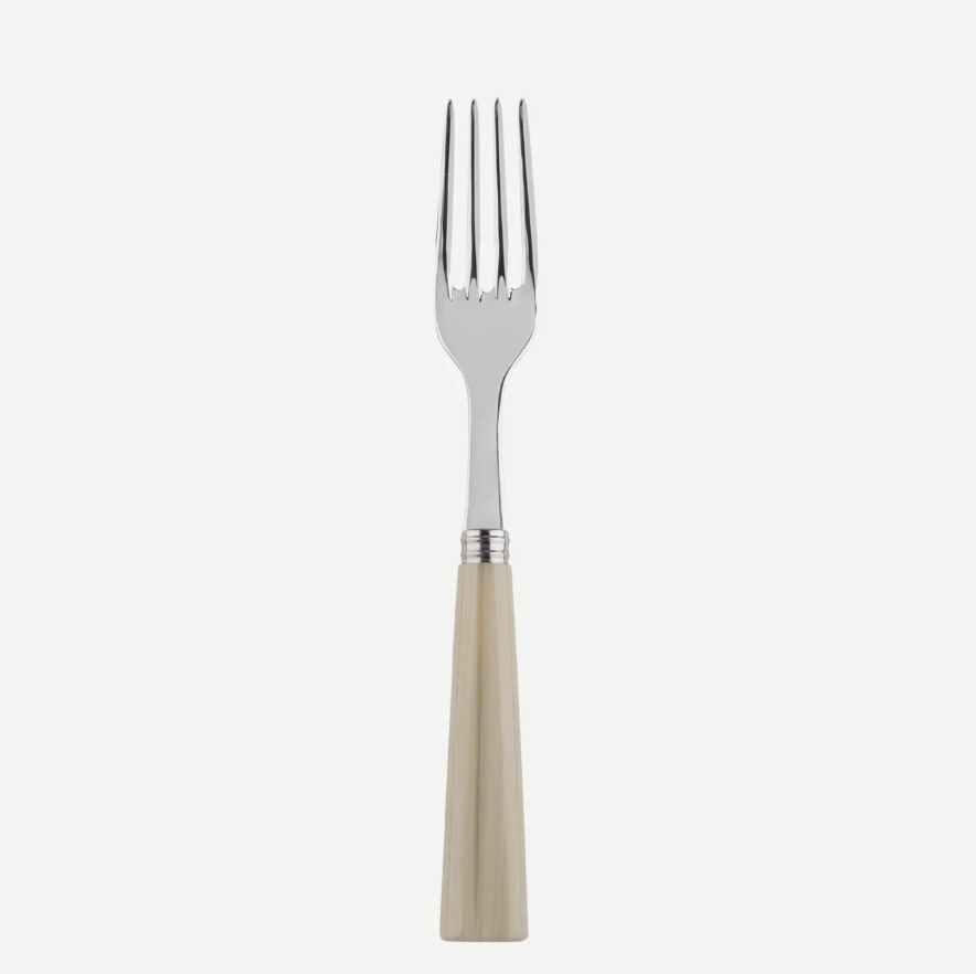 The Sabre Nature Serving Fork features a shiny stainless steel head and a light beige, tapered handle with a subtle horn effect, centered on a plain white background.