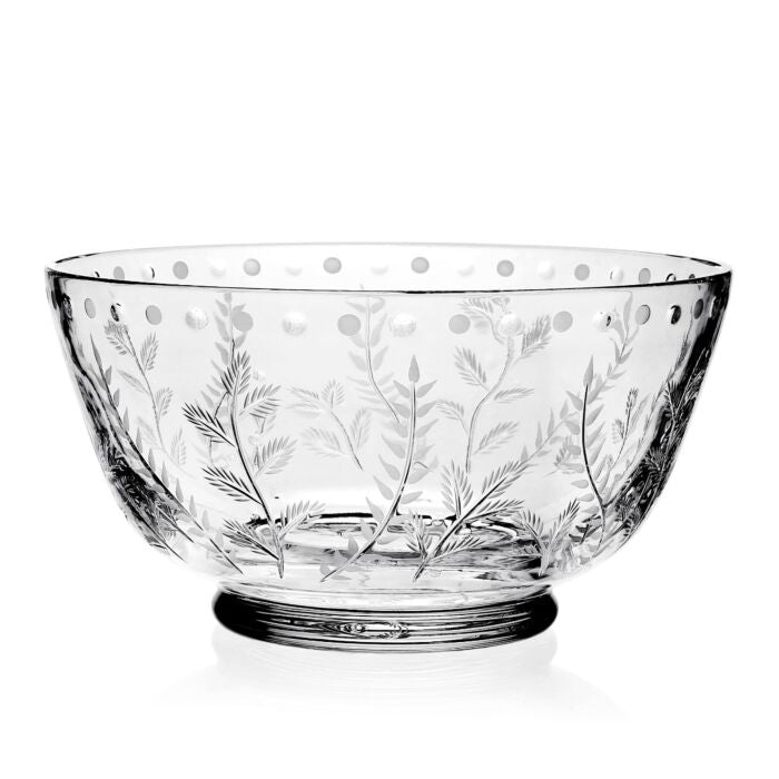 The William Yeoward Fern Centerpiece Bowl 12" is a clear handmade crystal bowl with a hand-cut leaf design and a band of raised dots around the upper rim, set on a rounded base.