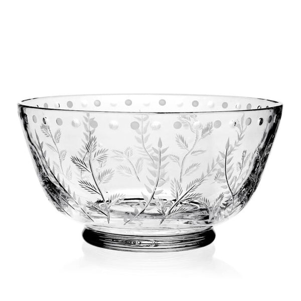 The William Yeoward Fern Centerpiece Bowl 12" is a clear handmade crystal bowl with a hand-cut leaf design and a band of raised dots around the upper rim, set on a rounded base.